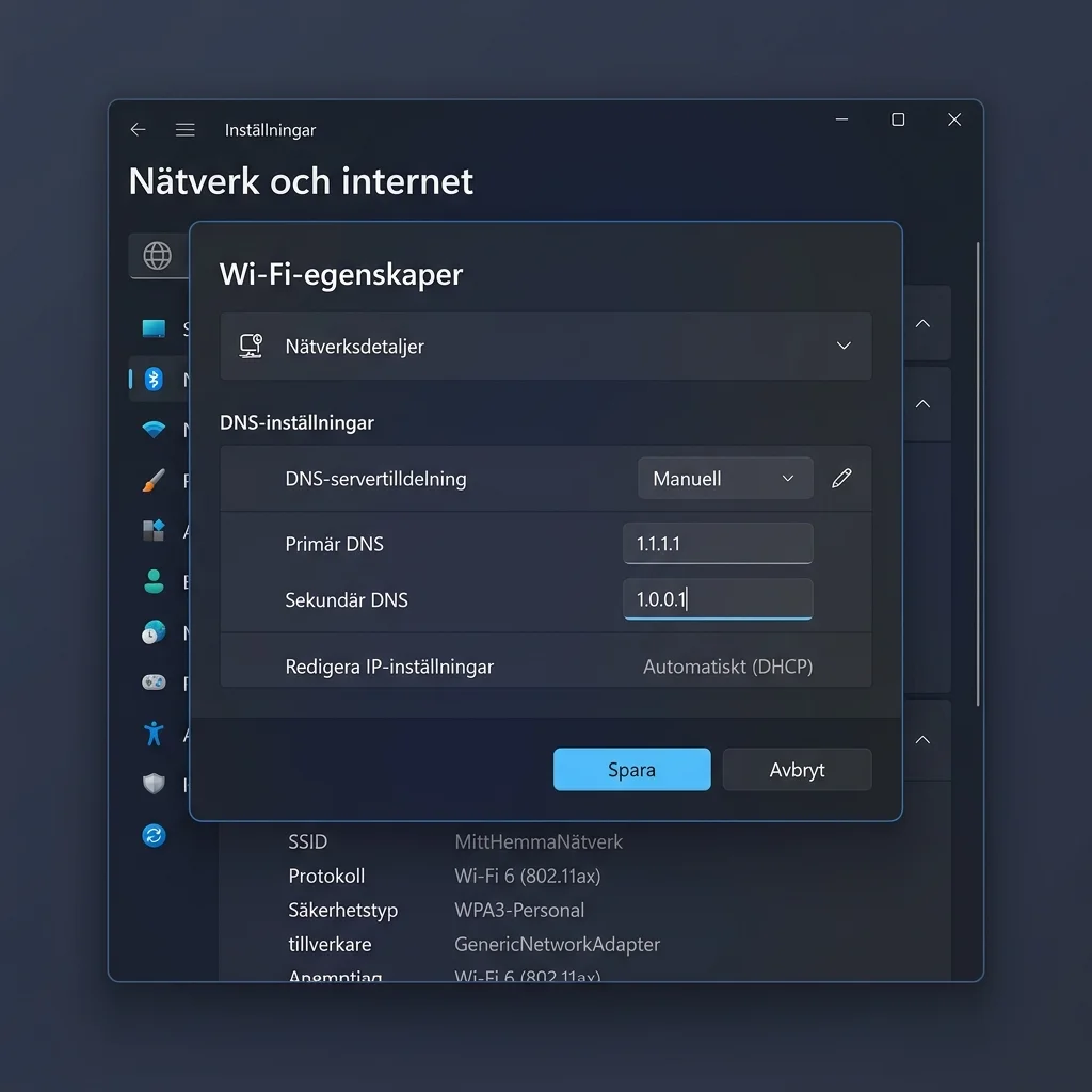 Windows 11 nätverksinställningar med manuell DNS-konfiguration där Cloudflares DNS-adresser är ifyllda