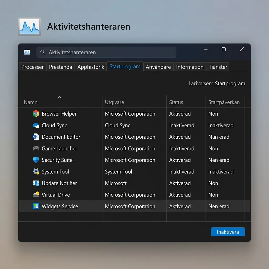 Windows 11 Aktivitetshanteraren med startprogram som kan inaktiveras för snabbare uppstart