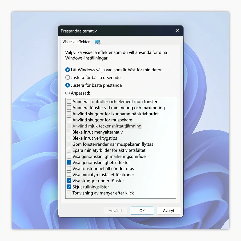 Windows 11 inställningar för visuella effekter där prestandaalternativ kan justeras