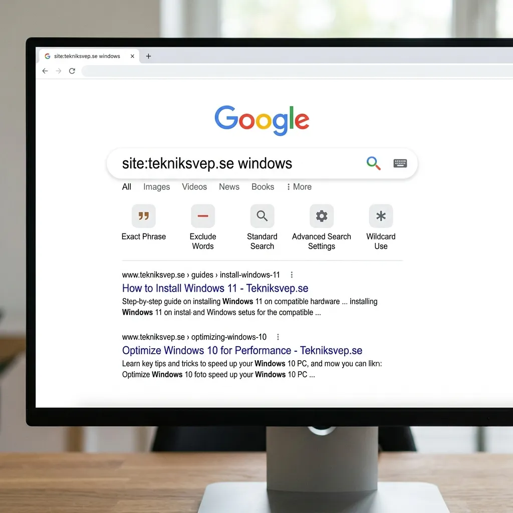 En datorskärm som visar Googles sökfält med förstoringsglas och avancerade sökoperatorer skrivna i sökfältet
