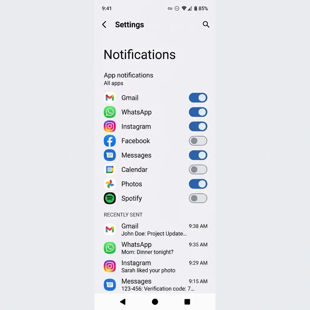 Android-inställningar med notifikationskategorier för en app där användaren kan slå på och av individuella kategorier
