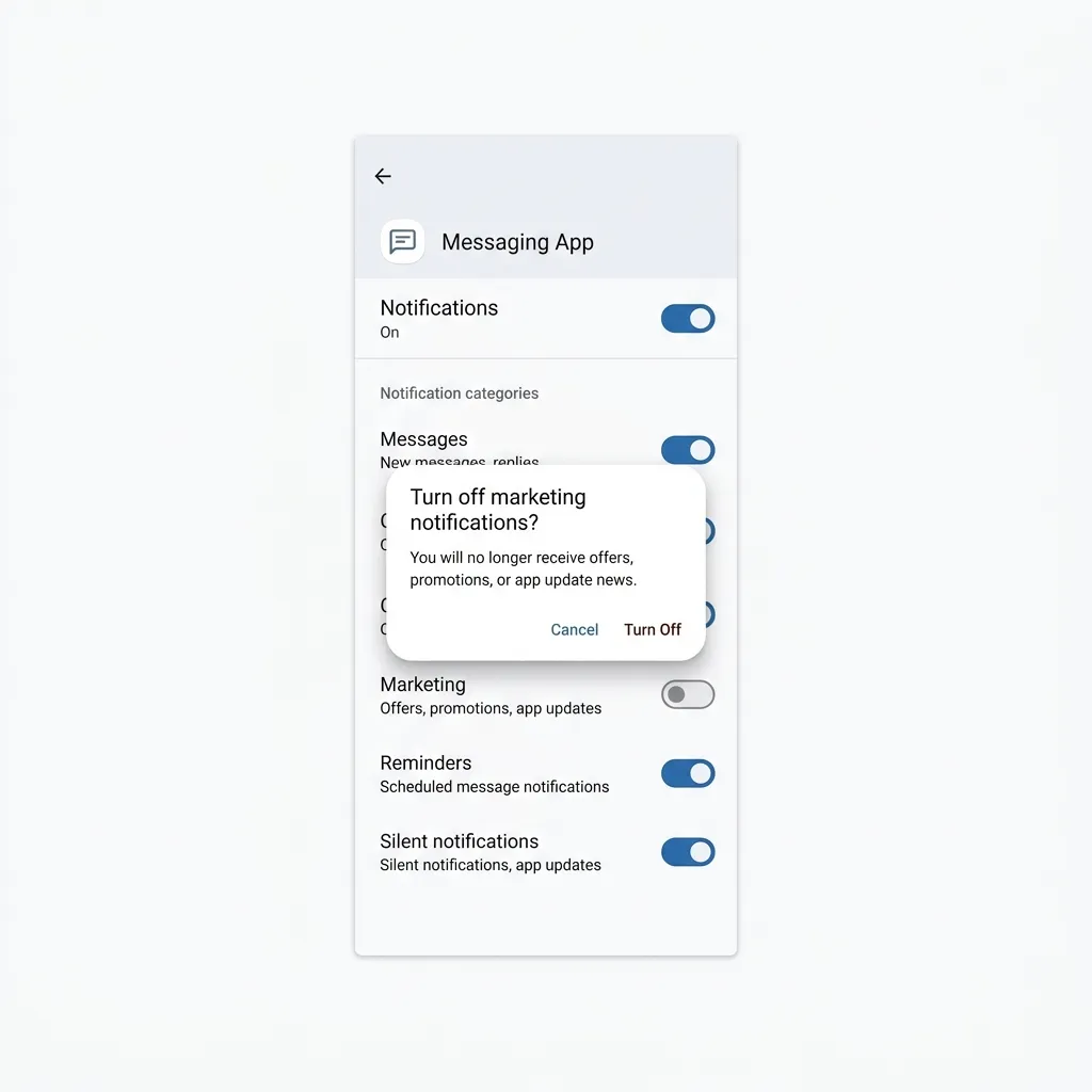 Notifikationsinställningar per app-kategori med alternativ för ljud, vibration och låsskärm i Android