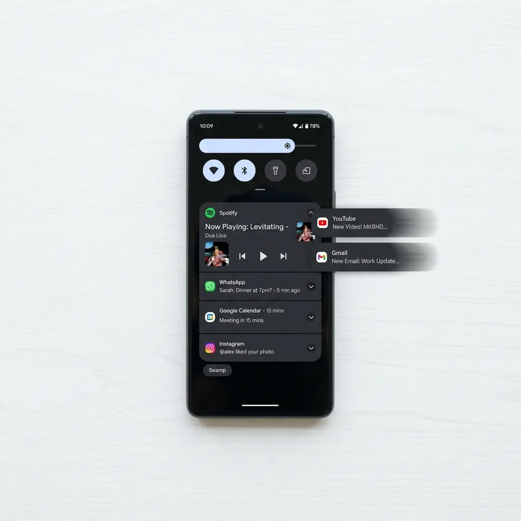 En Android-telefon med notifikationspanelen nedfälld och flera aviseringar synliga — några är borttagna med svepgester