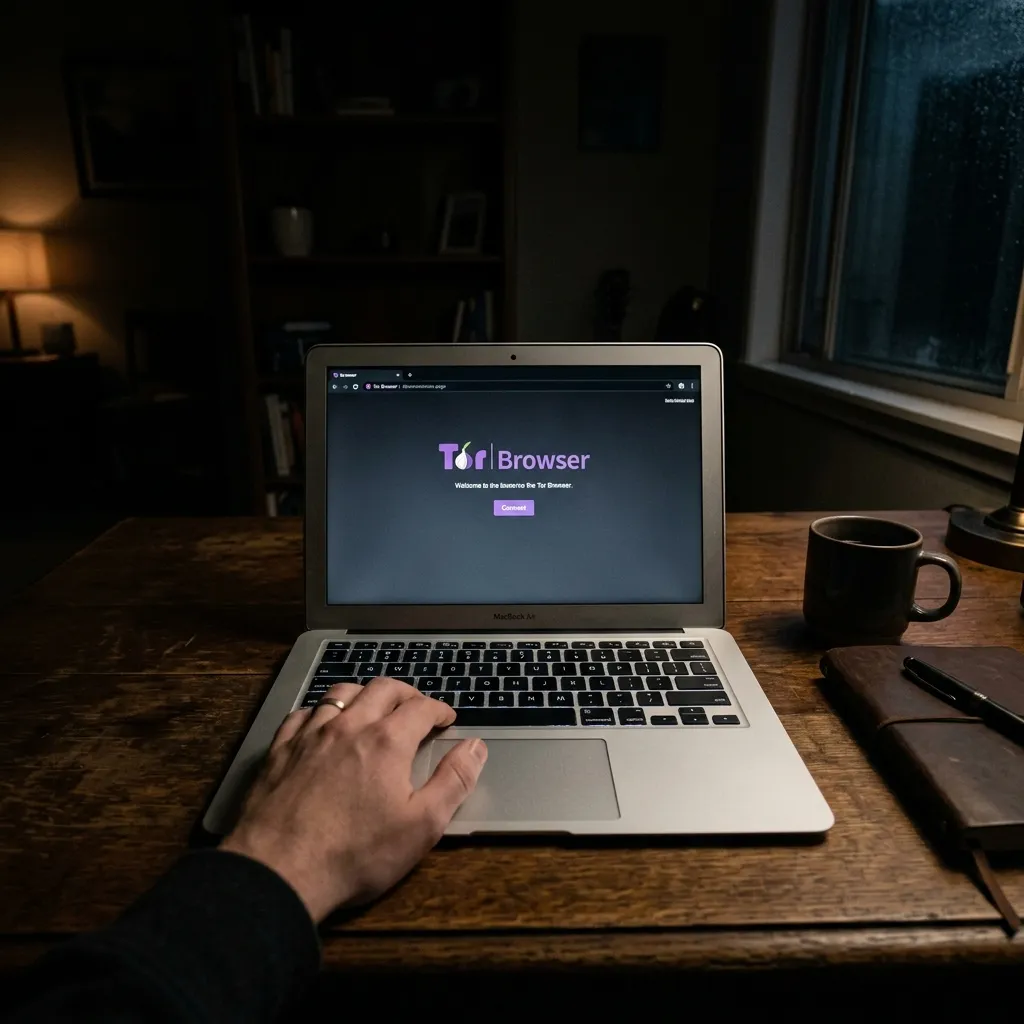 En laptop på ett mörkt skrivbord som visar Tor Browser startsida — lila Tor-logotyp och Connect-knapp