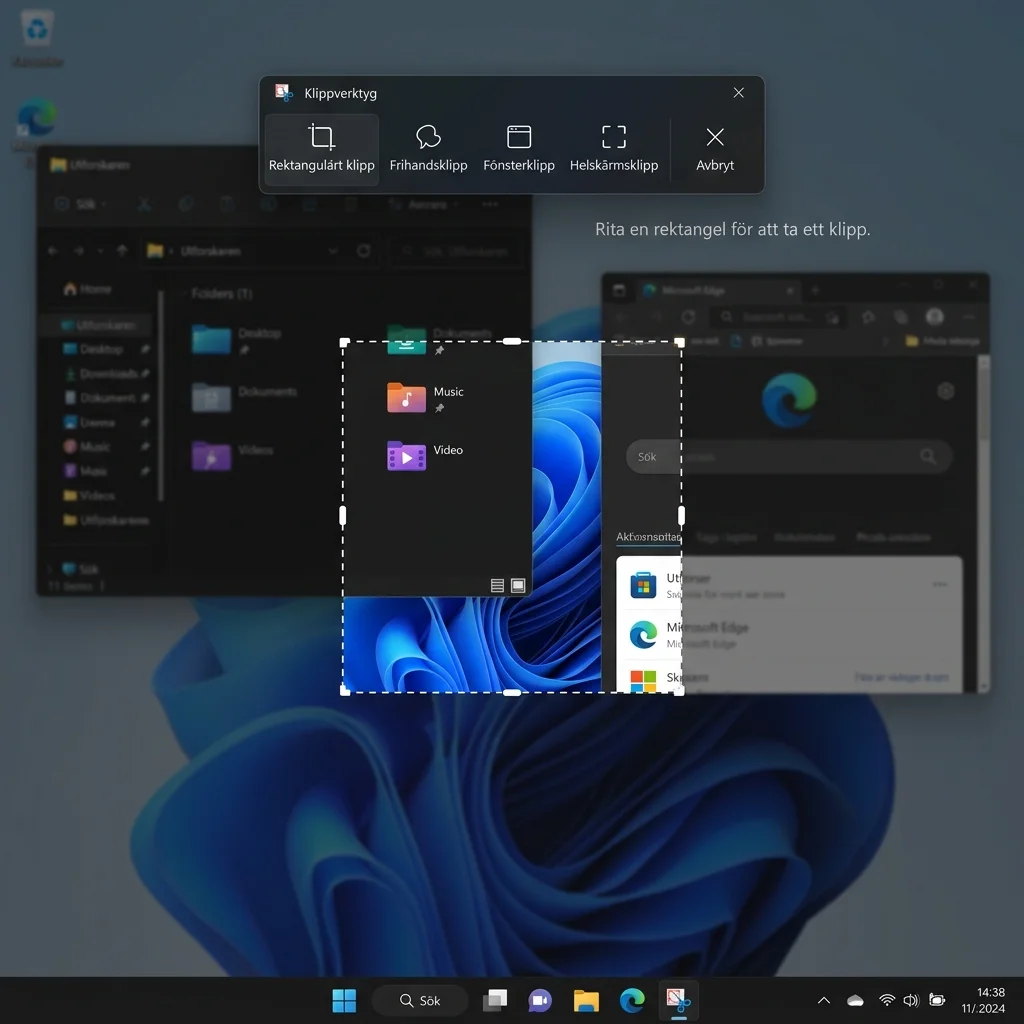 Windows Klippverktygets gränssnitt med beskärningsverktyg, penna och överstrykningspenna för att redigera skärmdumpar