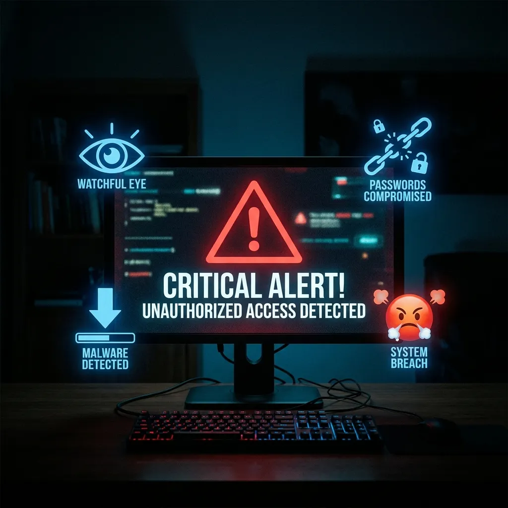 En datorskärm med varningssymboler och röda indikatorer som signalerar att något är fel — hackad dator