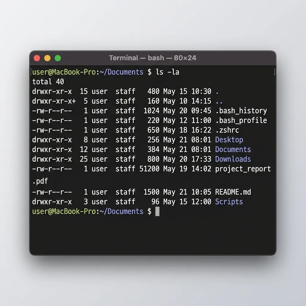 Terminal-fönster som visar grundläggande navigeringskommandon som ls, cd och pwd med utdata från macOS