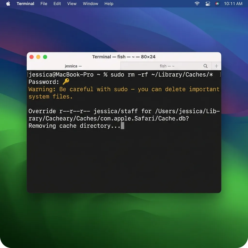 Terminal-fönster som visar kommandorader för rensning av cache med rm -rf ~/Library/Caches/*