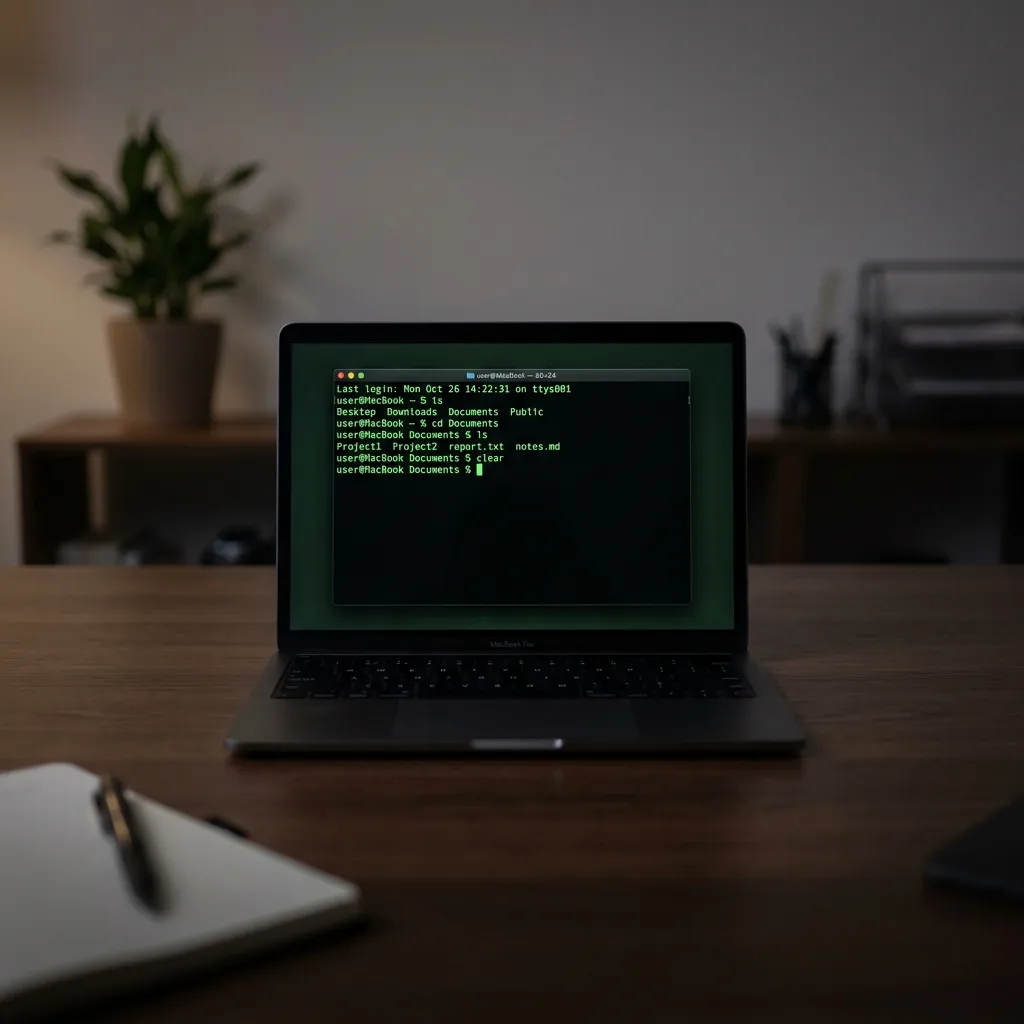En MacBook som visar Terminal-fönster med grön text mot svart bakgrund och enkla kommandon skrivna för nybörjare