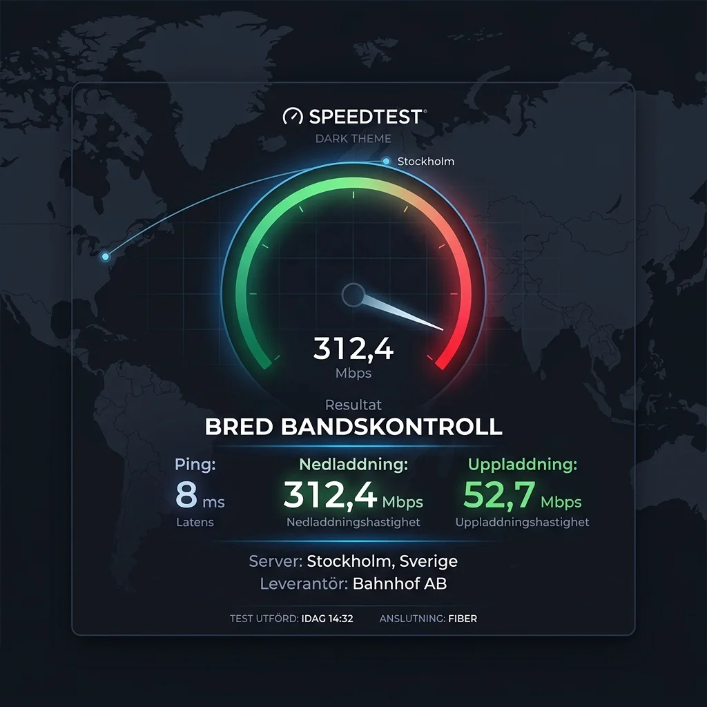 Speedtest.net gränssnitt med hastighetsmätare som visar ping, nedladdningshastighet och uppladdningshastighet i realtid