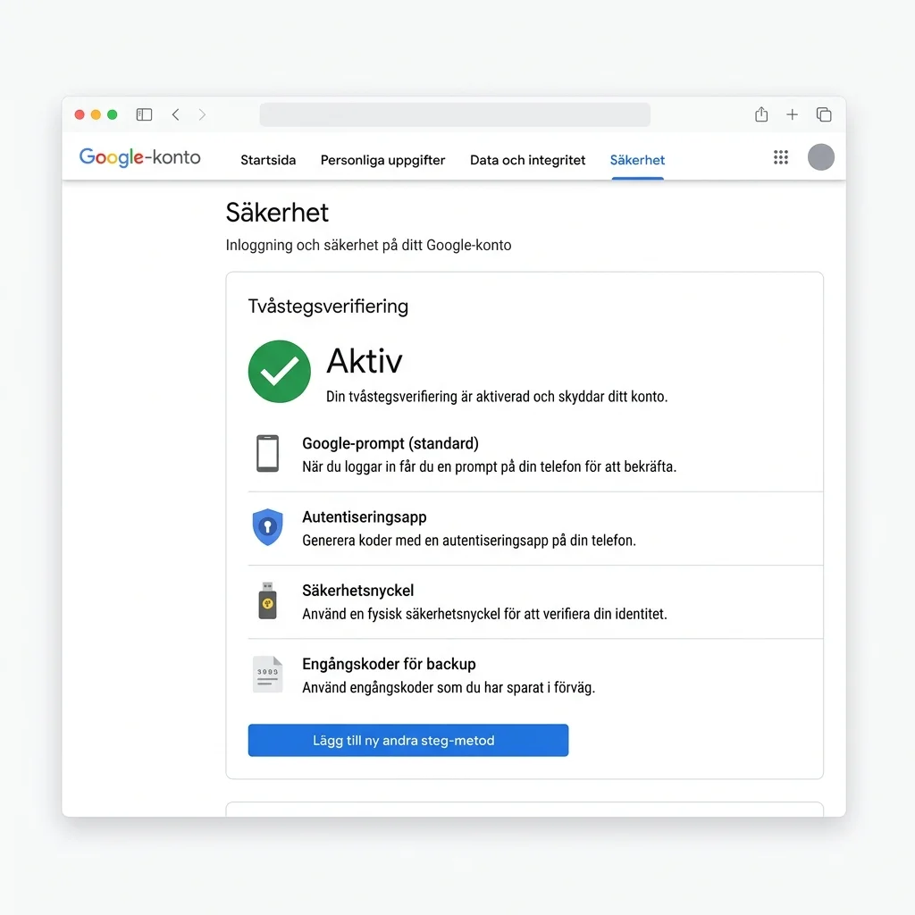 Google-kontots säkerhetsinställningar med meny för tvåstegsverifiering, autentiseringsapp och återställningskoder
