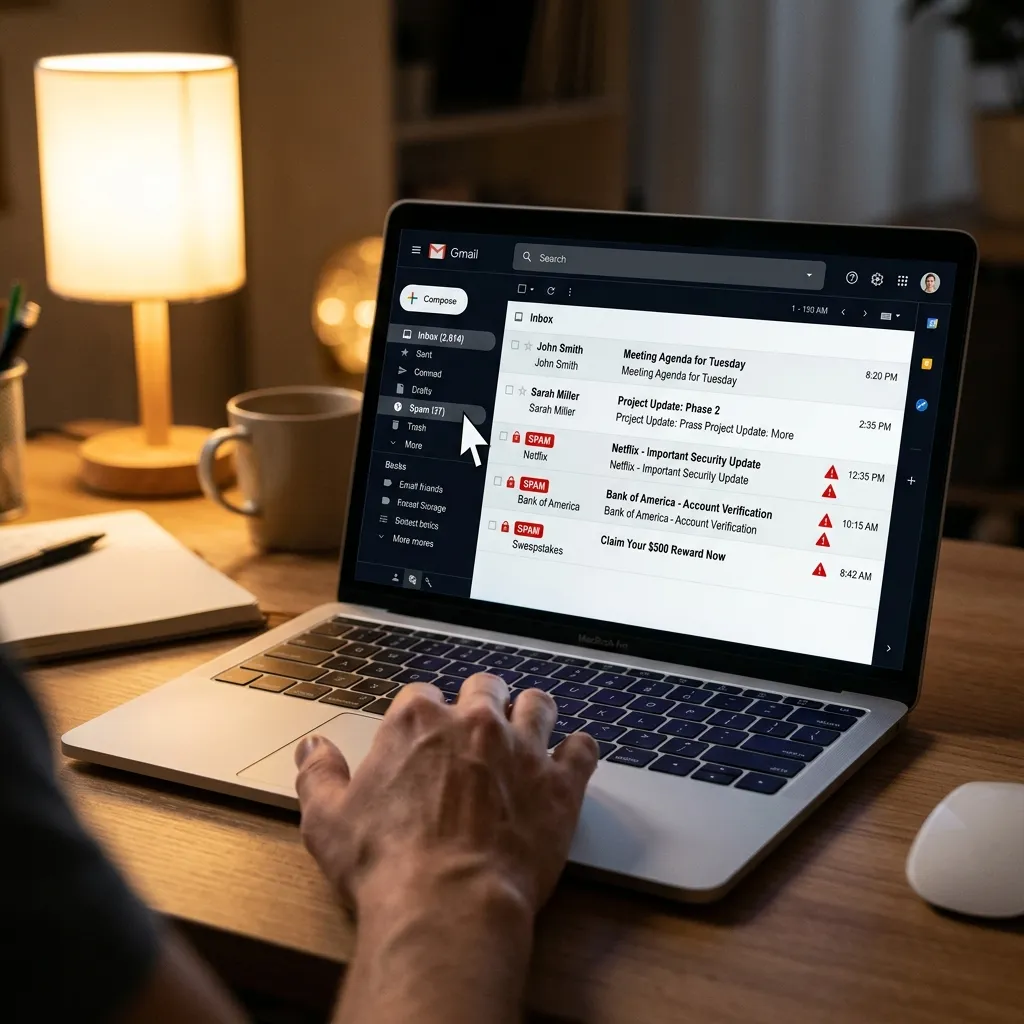 En laptop som visar en inkorg med flera spam-markerade mejl — muspekaren rör sig mot Skräppost-mappen