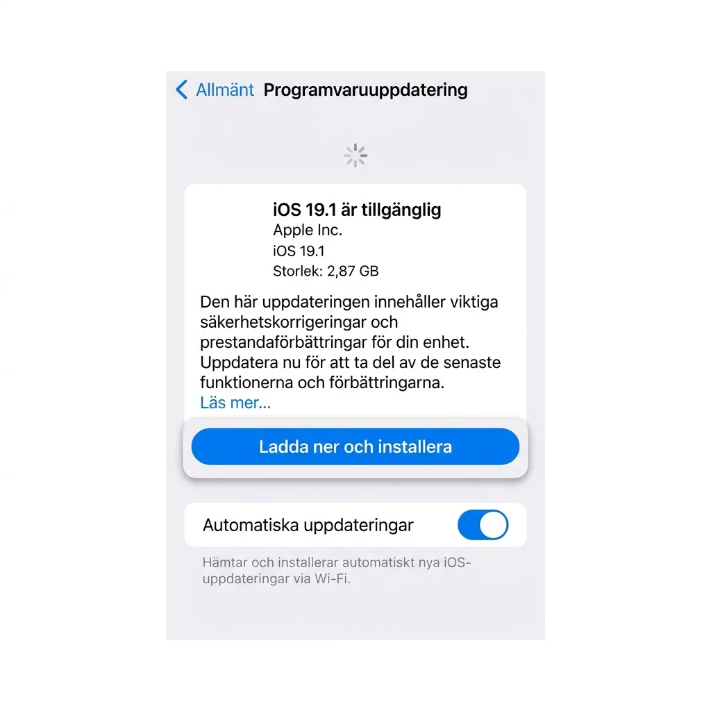 iPhone programvaruuppdateringsskärm med blå bakgrund som visar tillgänglig uppdatering och en Ladda ner och installera-knapp