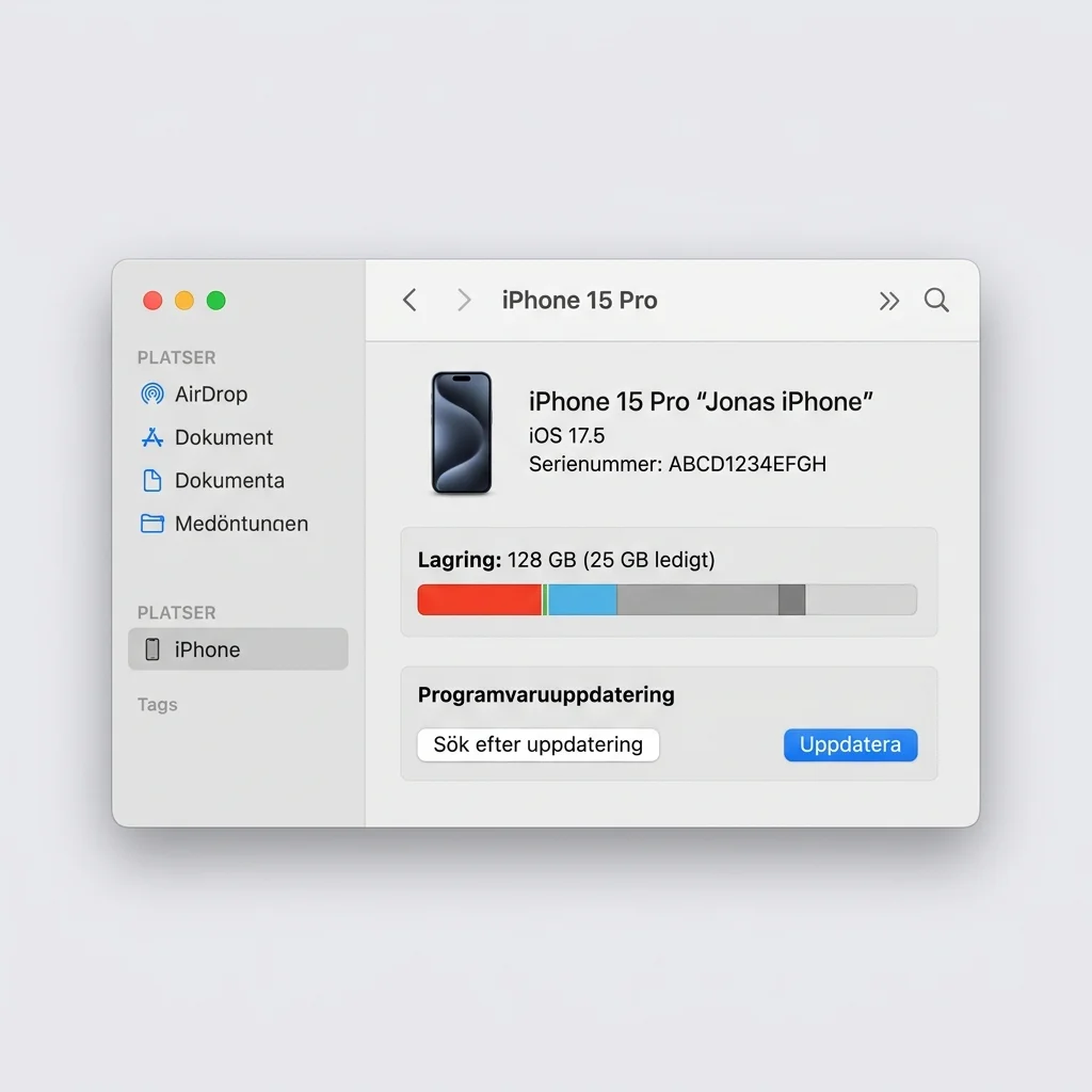 Finder på Mac med en iPhone ansluten via USB — visar enhetsinformation och uppdateringsalternativ i Sammanfattning-fliken