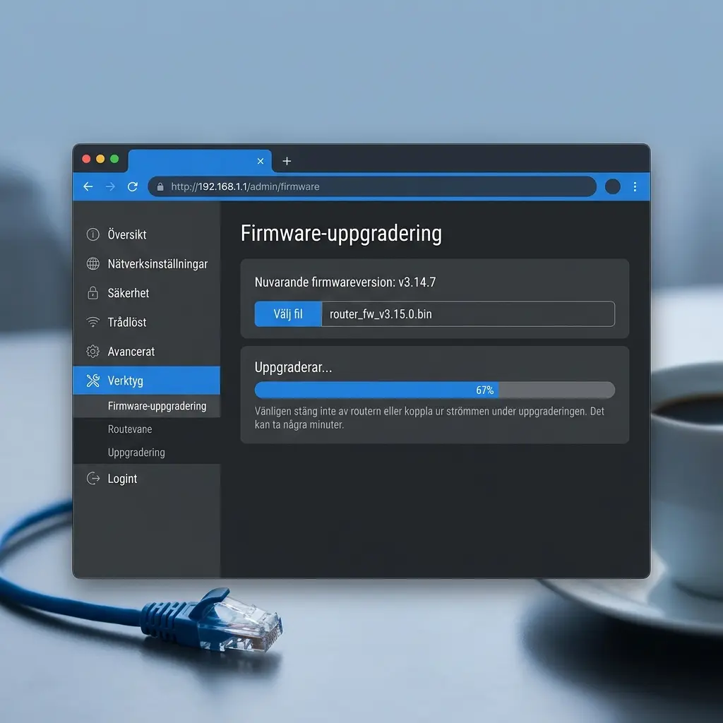 Routeradministration med firmware-uppgradering — förloppsindikator på 67%