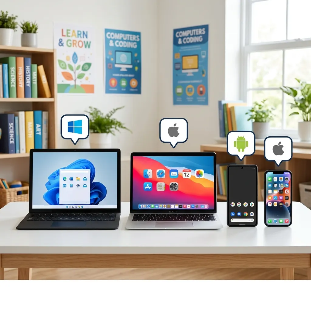 Logotyper för de fyra stora operativsystemen — Windows, macOS, Android och iOS — arrangerade i en cirkel mot en ren bakgrund