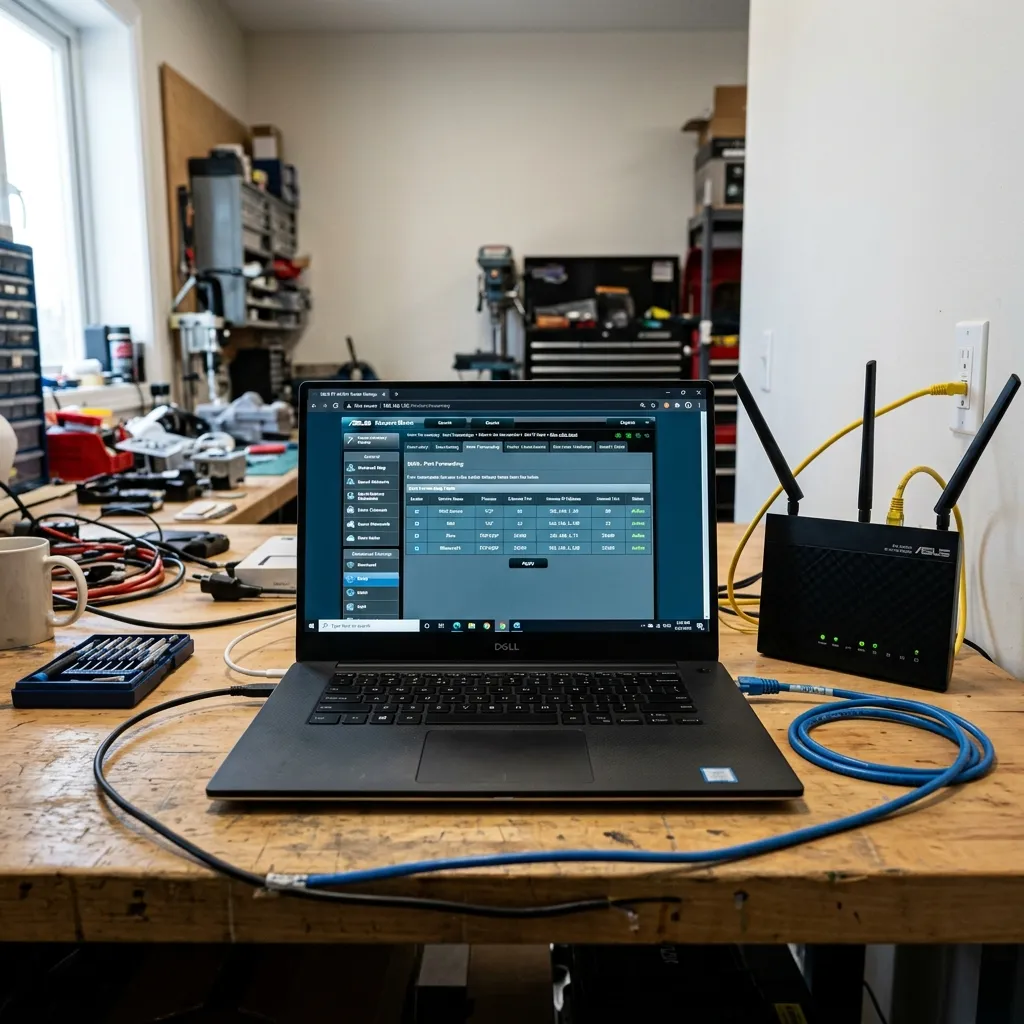 En laptop som visar routerns admin-sida med Port Forwarding — en tabell med portnummer och IP-adresser för vidarebefordran
