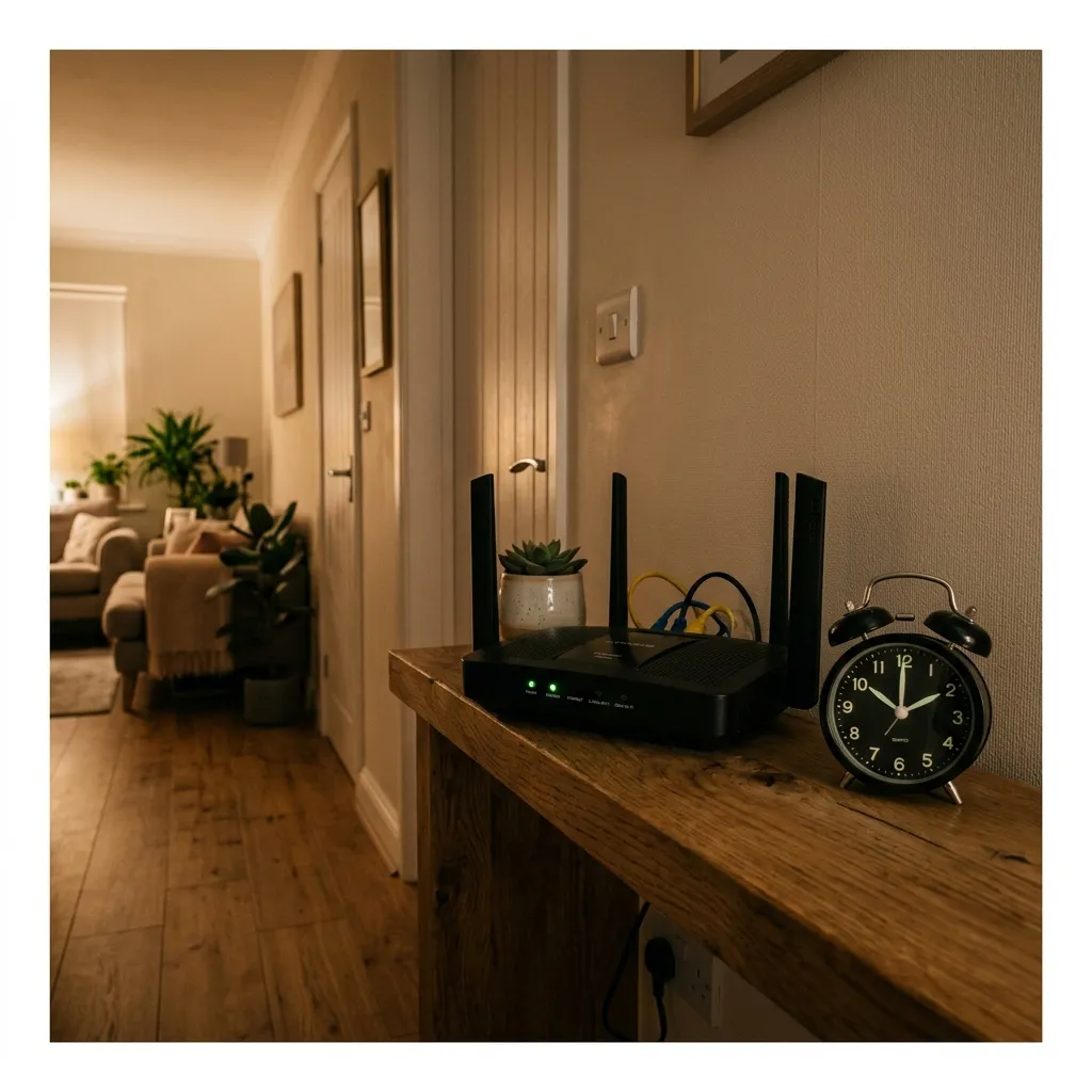 En router på en hylla i hallen med en väckarklocka bredvid som visar 22:00 — routerns Wi-Fi-lampor släcks