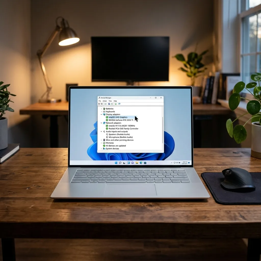En Windows 11-dator som visar Enhetshanteraren med en lista över hårdvaruenheter och uppdateringssymboler