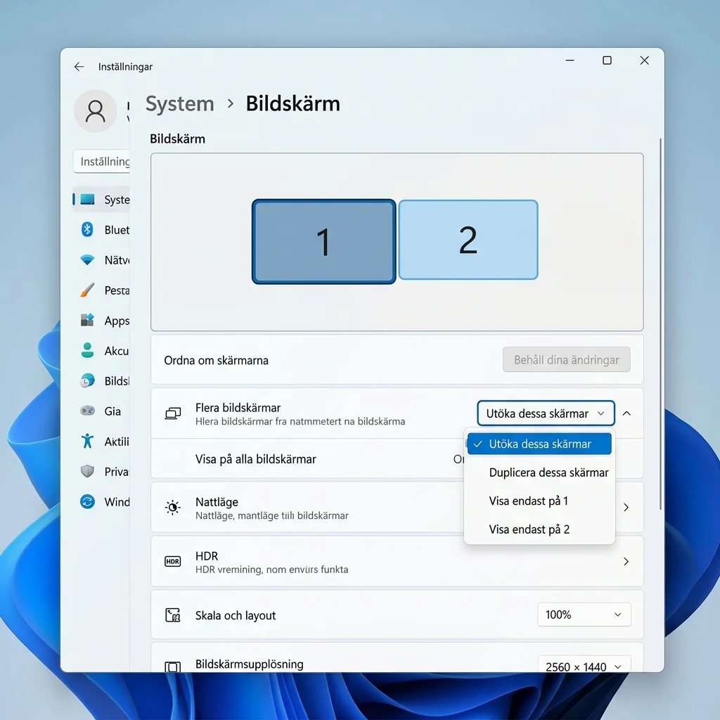 Windows 11 bildskärmsinställningar som visar två skärmrektanglar som ordnas sida vid sida för utökat läge