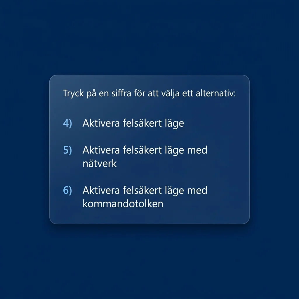 Windows startinställningar med alternativ för felsäkert läge numrerade 4, 5 och 6 på en blå skärm med vit text