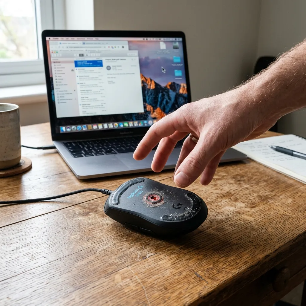 En datormus på ett träskrivbord med en smutsig sensor — muspekaren frusen på laptop-skärmen i bakgrunden