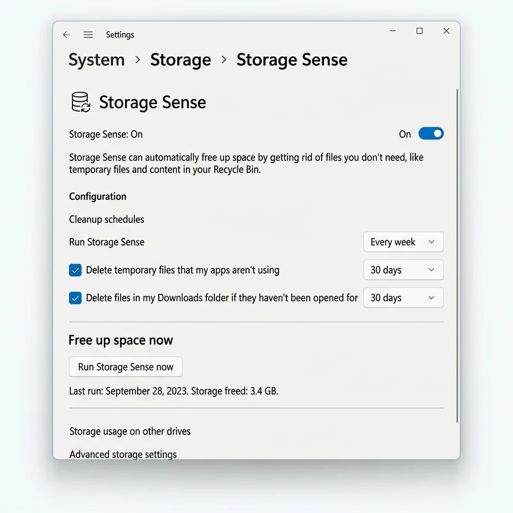 Windows 11 Lagringsuppfattning med konfigurationssida — Kör Lagringsuppfattning nu-knappen
