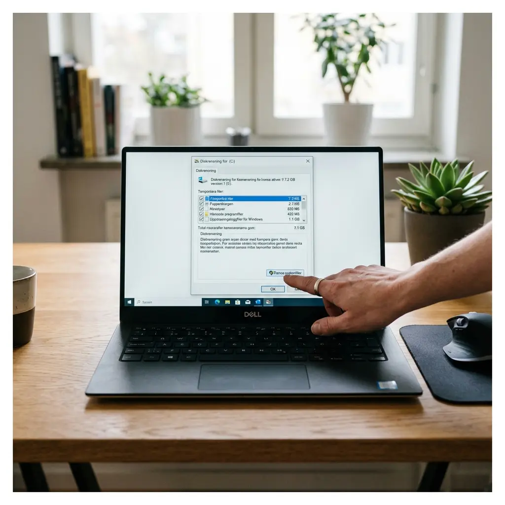 En laptop som visar Windows Diskrensning med temporära filer listade — en hand klickar Rensa systemfiler