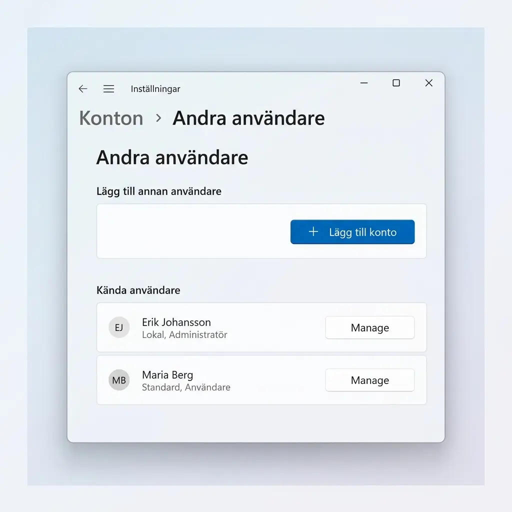Windows 11 Inställningar med Andra användare — Lägg till konto-knappen synlig